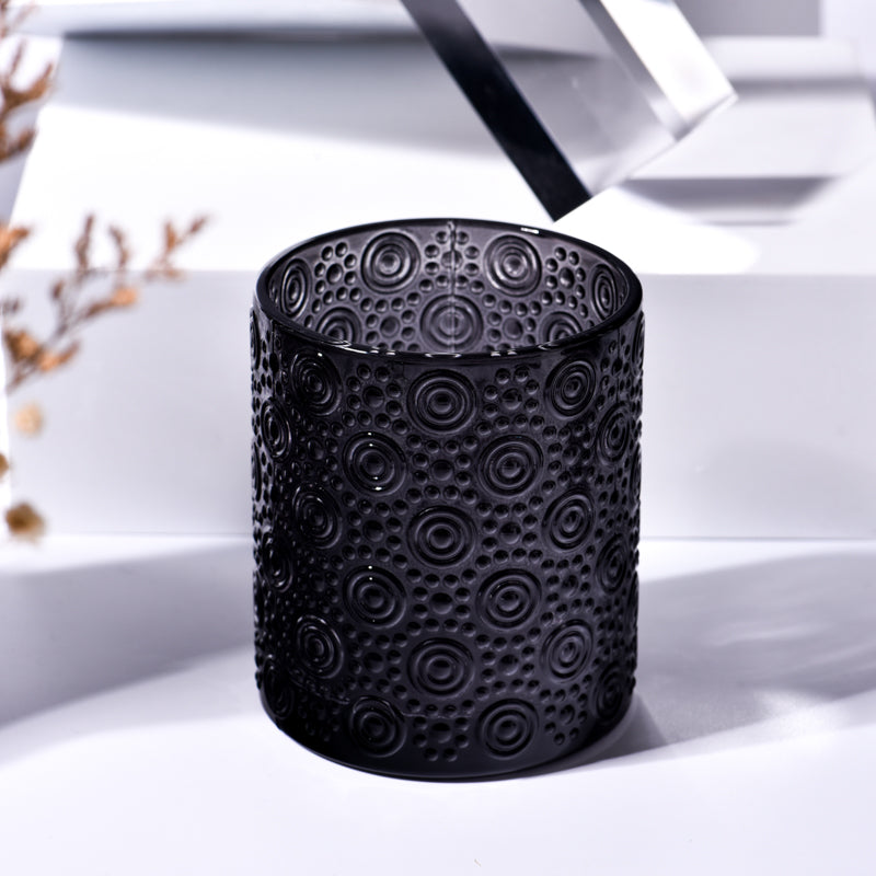 Textured glass candle jars, Circles and Dots, Black