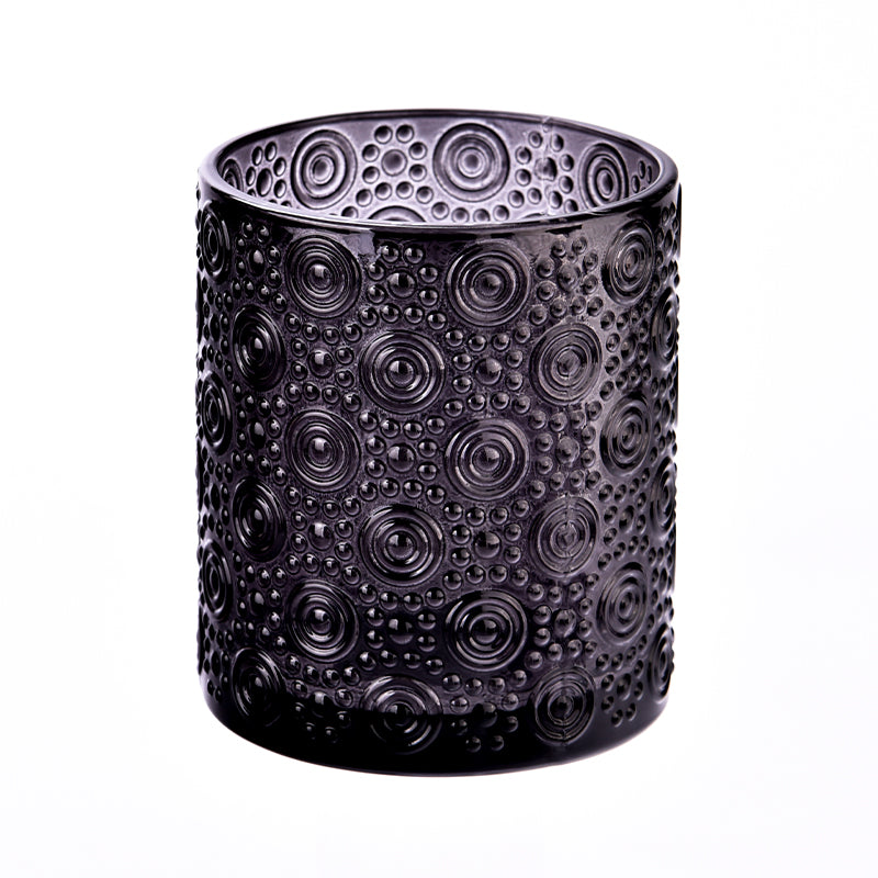 Textured glass candle jars, Circles and Dots, Black